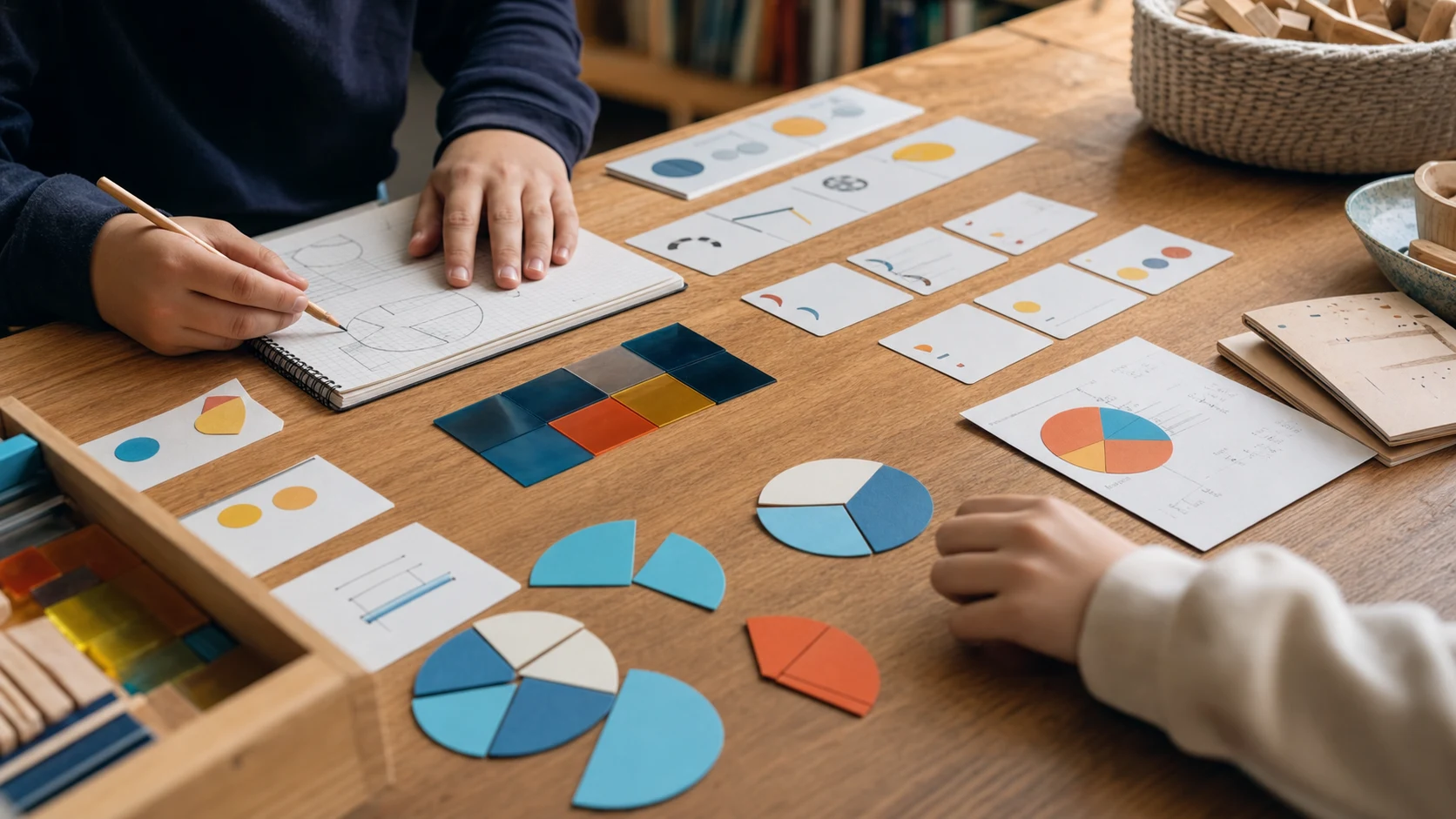 Hands arranging fraction pieces, cards, and notebooks during an experience-based math lesson